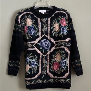 Vintage Casual Corner Floral Knit Sweater - Black and Multicolor Size S/P